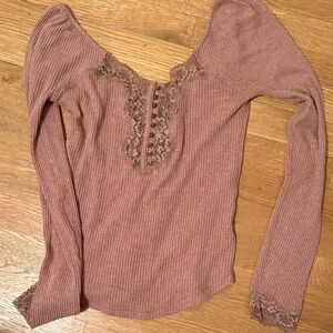 Free People Dusty Mauve Lace-Accent Ribbed Top